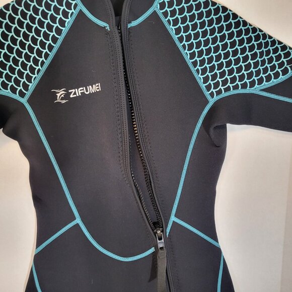 Zifumei Men's 3mm Shorty Front Zipper Wet Suit Size Small Black/Teal - Picture 4 of 6